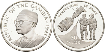 Гамбия 20 даласи 1993 стыковка в космосе, станция KM 36 серебро PROOF 00-000-00