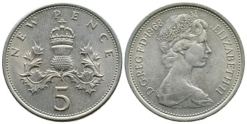 Великобритания 5 пенсов 1968 Елизавета II (1952-2022) KM 911, Spink 4233 (D1) медно-никель 89-1712