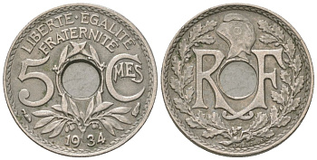Франция 5 сантимов 1934 KM 875, Le Franc 122/17 медно-никель 4164-1138
