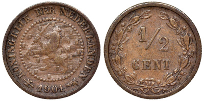 Нидерланды 1/2 цента 1901 Вильгельмина (1890-1948) KM 109 бронза    4115-329