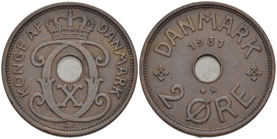 ДАНИЯ 2 ЭРЕ 1931 N; GJ, КРИСТИАН X (1912-1947) KM 827.2 бронза 28-346