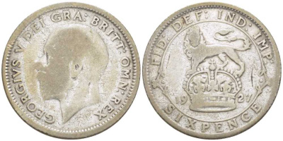 Великобритания 6 пенсов 1927 Георг V (1910-1936) KM 828, Spink 4034 серебро 26-665