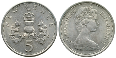 Великобритания 5 пенсов 1968 Елизавета II (1952-2022) KM 911, Spink 4233 (D1) медно-никель 89-1712