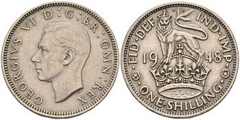 Великобритания 1 шиллинг 1948 Георг VI (1936-1952), Английский герб KM 863, Spink 4103 медно-никель 4126-451