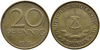 ГДР 20 пфеннигов 1969 А, первый год KM 11 латунь UNC 4397-232