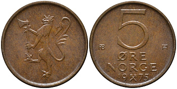 Норвегия 5 эре 1975 Улаф V (1958-1991) KM 415 бронза 206-151