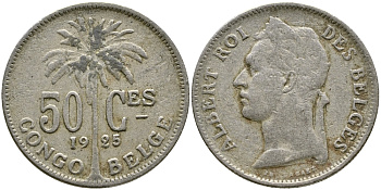 Бельгийское Конго 50 сантимов 1925 пальма KM 22 медно-никель 3999-622