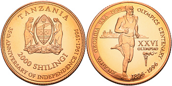 Танзания 2000 шиллингов 1996 XXVI Олимпийские игры 1996 года в Атланте, 100 лет Олимпийскому движению, бег, пробник, рубчатый гурт медь PROOF 06-134-44