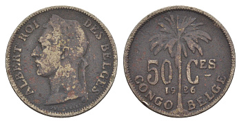 Бельгийское Конго 50 сантимов 1926 Надпись на французском - 'ALBERT ROI DES BELGES' KM 22 медно-никель 4650-426