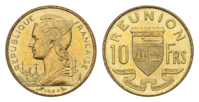 Реюньон 10 франков 1964 KM 10 алюминиевая бронза UNC 4127-1841