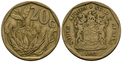 ЮАР 20 центов 1992 герб, цветок протея KM 136 сталь плакированная латунью 4173-962