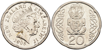 Новая Зеландия 20 центов 2008 Елизавета II (1952-2022), идол Пукаки KM 118а никелированная сталь 4579-1156