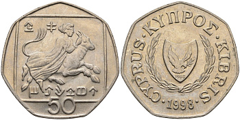 Кипр 50 центов 1998 похищение Европы KM 66 медно-никель 4141-1244