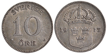 ШВЕЦИЯ 10 ЭРЕ 1913 W KM 780 серебро 4179-552
