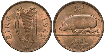 Ирландия 1/2 пенни 1949 свинья с поросятами KM 10 бронза UNC 1525-922