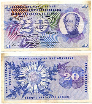 Швейцария 20 франков 1973 Pick 46u бумага 7551-26-1-1