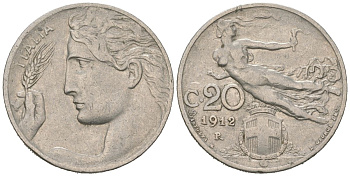 Италия 20 чентезимо 1912 R, Виктор Эммануил III (1900-1946) KM 44 никель 4164-1262