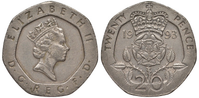 Великобритания 20 пенсов 1993 Елизавета II (1952-2022) KM 939, Spink 4361 (G2) медно-никель 4122-1124