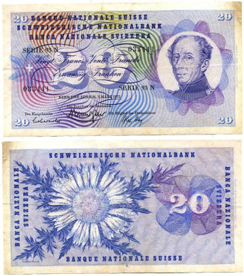 Швейцария 20 франков 1973 Pick 46u бумага 7551-26-1-1
