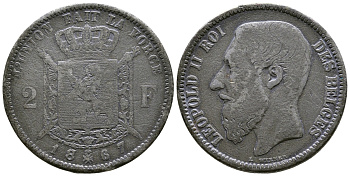 БЕЛЬГИЯ 2 ФРАНКА 1867 ИМИТАЦИЯ ТОГО ВРЕМЕНИ белый металл 4380-334