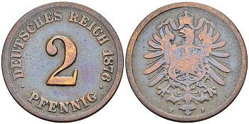ГЕРМАНИЯ 2 ПФЕННИГА 1876 F, СТАРОГЕРБОВКА KM 2, Jager 2, Weege 3 медь 4546-612