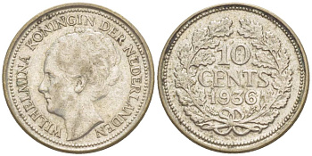 Нидерланды 10 центов 1936 Вильгельмина I (1890-1948) КМ 163 серебро 4532-1165