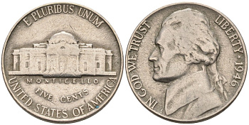 США 5 центов 1946 Джефферсон KM А192 медно-никель 92-953