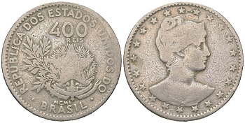 Бразилия 400 реалов 1901 MCMI, голова свободы вправо KM 505 медно-никель 4612-514