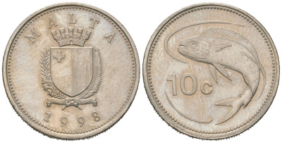 Мальта 10 центов 1998 золотая макрель KM 96 медно-никель aUNC 4516-126