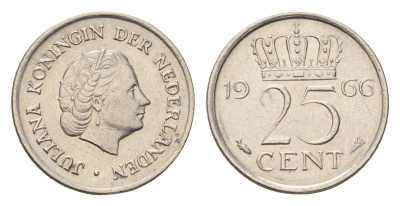 Нидерланды 25 центов 1966 Юлиана (1948-1980) KM 183 никель 4658-851