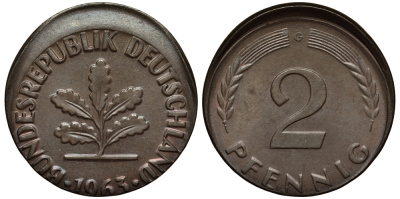 ФРГ 2 ПФЕННИГА 1963 G БРАК ЧЕКАНКИ СДВИГ ШТЕМПЕЛЯ KM 106, J.381 бронза 413-5142