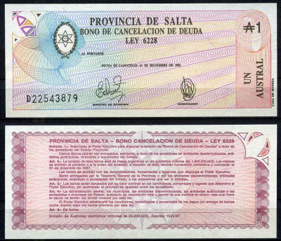 Аргентина, провинция Сальта 1 аустраль 1987 Pick S 2612e  бумага  UNC (пресс) 7202-28-3