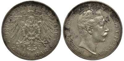 Пруссия 2 марки 1899 A, Вильгельм II (1888-1918) J.102, Weege 101, KM 522 серебро 3711-715