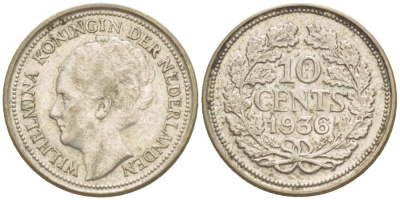 Нидерланды 10 центов 1936 Вильгельмина I (1890-1948) КМ 163 серебро 4532-1165