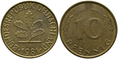 ФРГ 10 ПФЕННИГОВ 1981 F KM 108, J.383 сталь плакированная латунью 33-147