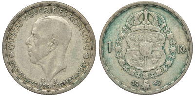 Швеция 1 крона 1947 TS, Густав V (1907-1950) KM 814 серебро 25-1531