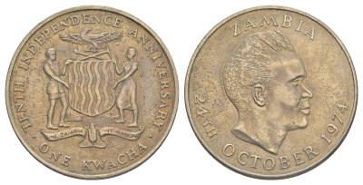 Замбия 1 квача 1974 10 лет Независимости, тираж 4.000 экземпляров KM 17 медно-никель 1521-1514