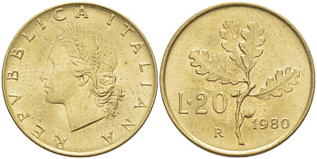 ИТАЛИЯ 20 ЛИР 1980 R, ДУБОВЫЕ ЛИСТЬЯ KM 97.2 алюминиевая бронза 4511-744