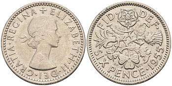 Великобритания 6 пенсов 1955 Елизавета II (1952-2022) KM 903, Spink 4149 медно-никель 4588-1234
