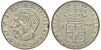 Швеция 1 крона 1964 U, Густав VI Адольф (1950-1973) KM 826 серебро 4178-456