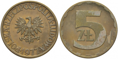 Польша 5 злотых 1977 монетный двор Ленинград (ЛМД) KM 81.1, Parchimowicz 221c латунь 3856-1054