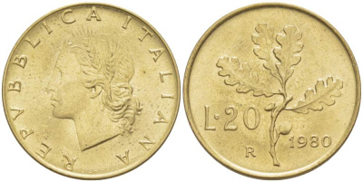 ИТАЛИЯ 20 ЛИР 1980 R, ДУБОВЫЕ ЛИСТЬЯ KM 97.2 алюминиевая бронза 4511-744