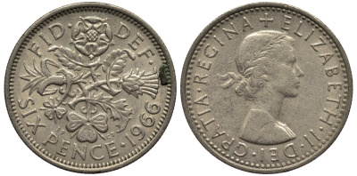Великобритания 6 пенсов 1966 Елизавета II (1952-2022) KM 903, Spink 4149 медно-никель 4538-652