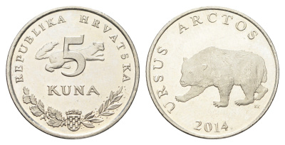 Хорватия 5 кун 2014 бурый медведь, четный год KM 23 медь цинк никель UNC 4660-431