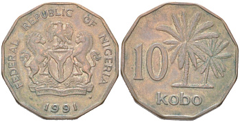 Нигерия 10 кобо 1991 KM 12 сталь плакированная медью aUNC 4614-429