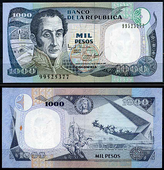 Колумбия 1000 песо 1995 Banco de la Republica, портрет Симона Боливара, памятник героям Пантано-де-Варгас Pick 438 бумага UNC (пресс) 447-20-2-3
