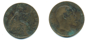 Великобритания 1 пенни 1902 Эдуард VII (1901-1910) KM 794.1, Sp 3990A бронза 4383-545