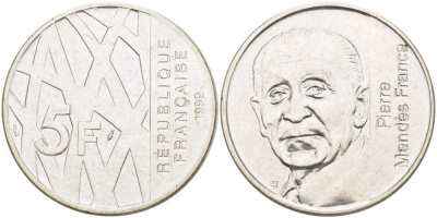 Франция 5 франков 1992 Пьер Мендес-Франс KM 1006, LE FRANC 343.2 никель 215-614