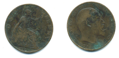 Великобритания 1 пенни 1902 Эдуард VII (1901-1910) KM 794.1, Sp 3990A бронза 4383-545