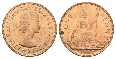 Великобритания 1 пенни 1967 Елизавета II (1952-2022) KM 897, Spink 4157 бронза UNC 4661-942